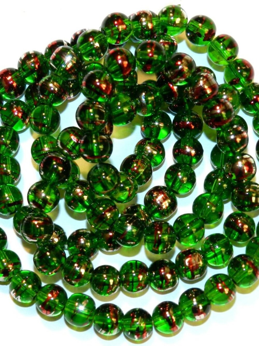 G2333 Dark Green 8mm Round Metallic Drawbench Swirl Glass Beads 32" Strand